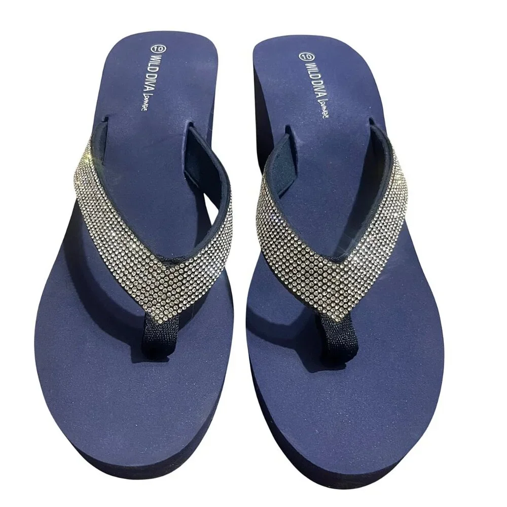 Wild Diva Heatwave-01 EVA Foam Thong Rhinestone Retro Platform Wedge Sandals 10